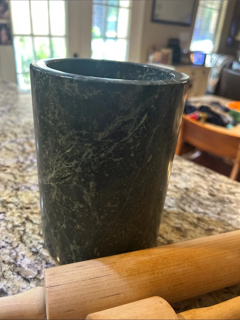 Wooden Kitchen 7 Piece Utensil Set with Black & Dark Green Marble Holder-Kitchen